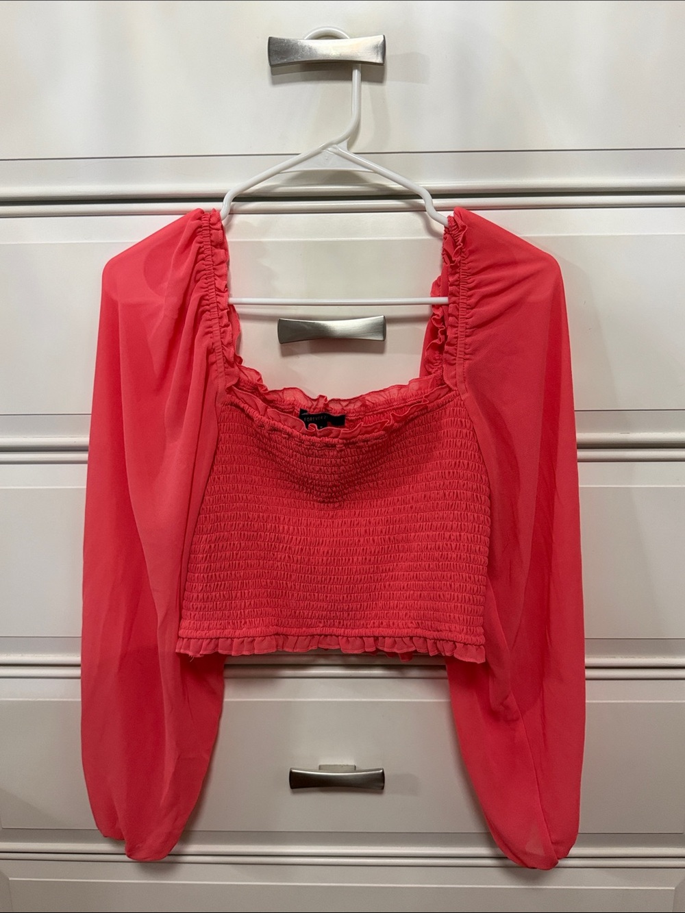 Forever 21 Coral Pink Smocked Crop Top with Sheer Long Sleeves